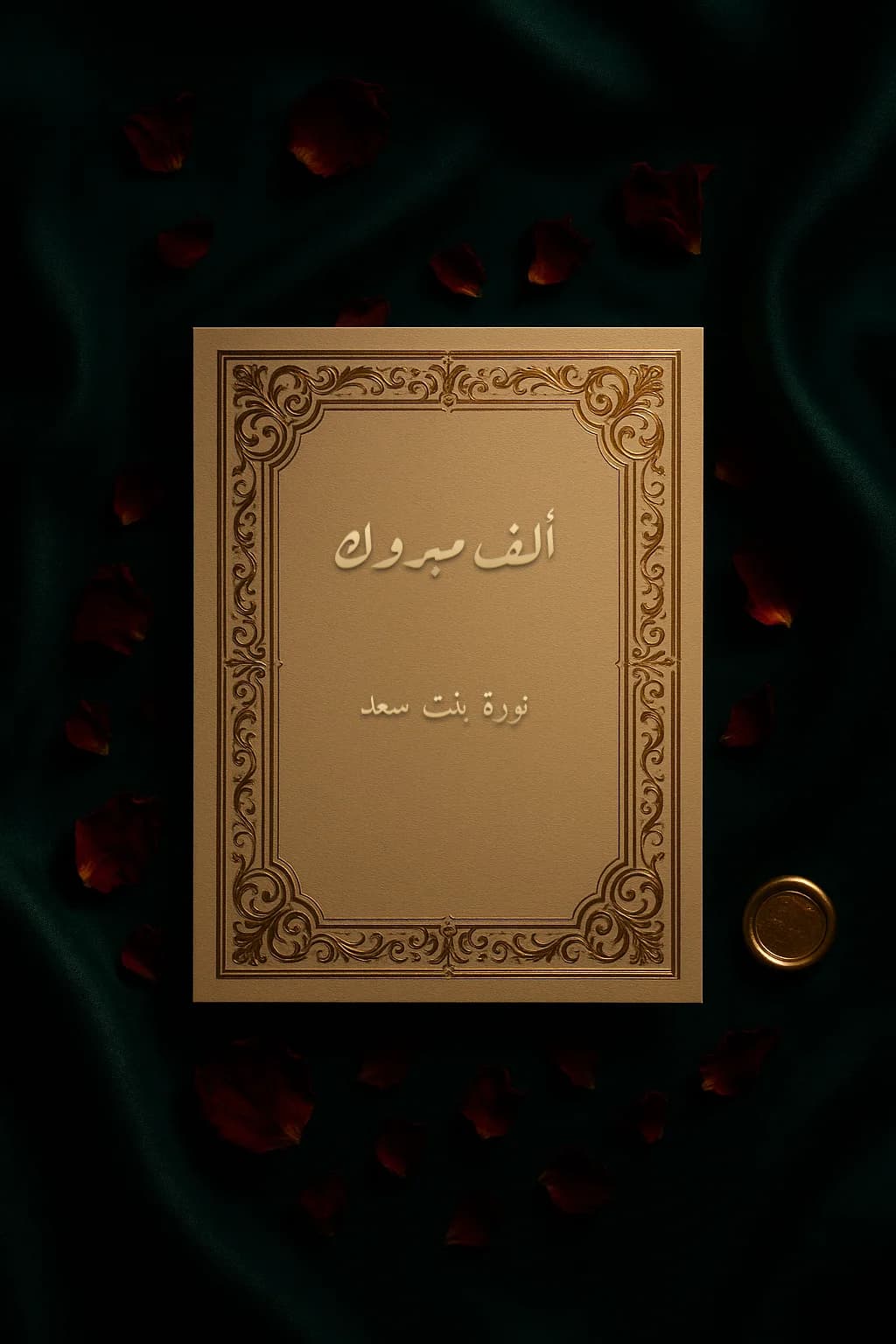 كرت إهداء عاجي مذهّب بعبارة ألف مبروك واسم نورة بنت سعد