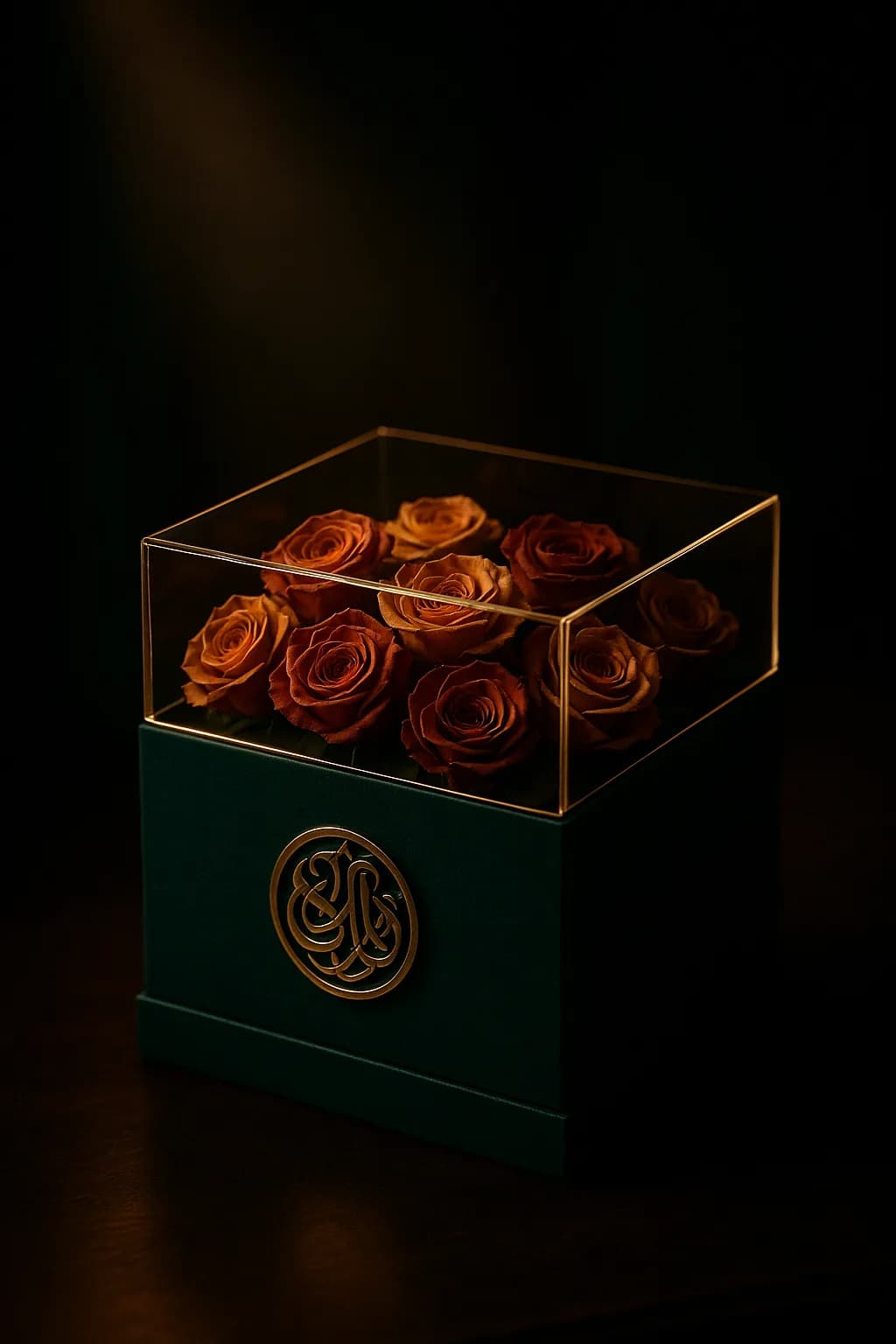 صندوق هدايا زمردي بغطاء أكريليك وميدالية ذهبية مليء بالورود