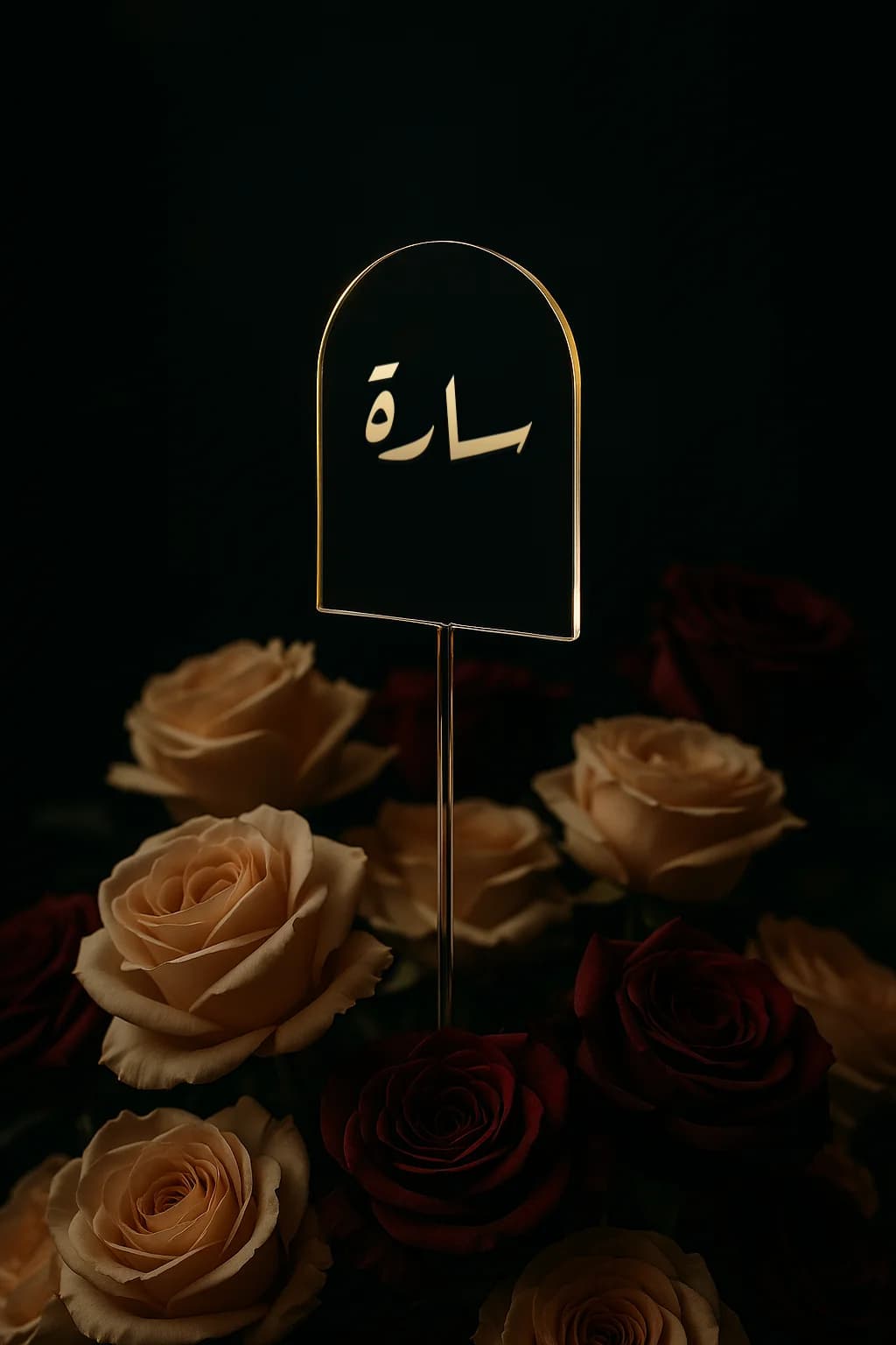 تغريسة أكريليك باسم سارة داخل بوكيه ورد فاخر